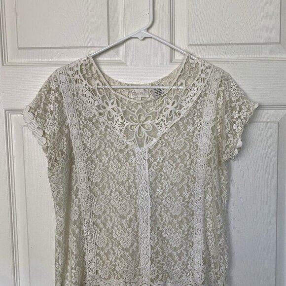 Miss Me Lace Crochet Size Small Top Ivory White Short Sleeve Blouse - Picture 2 of 11